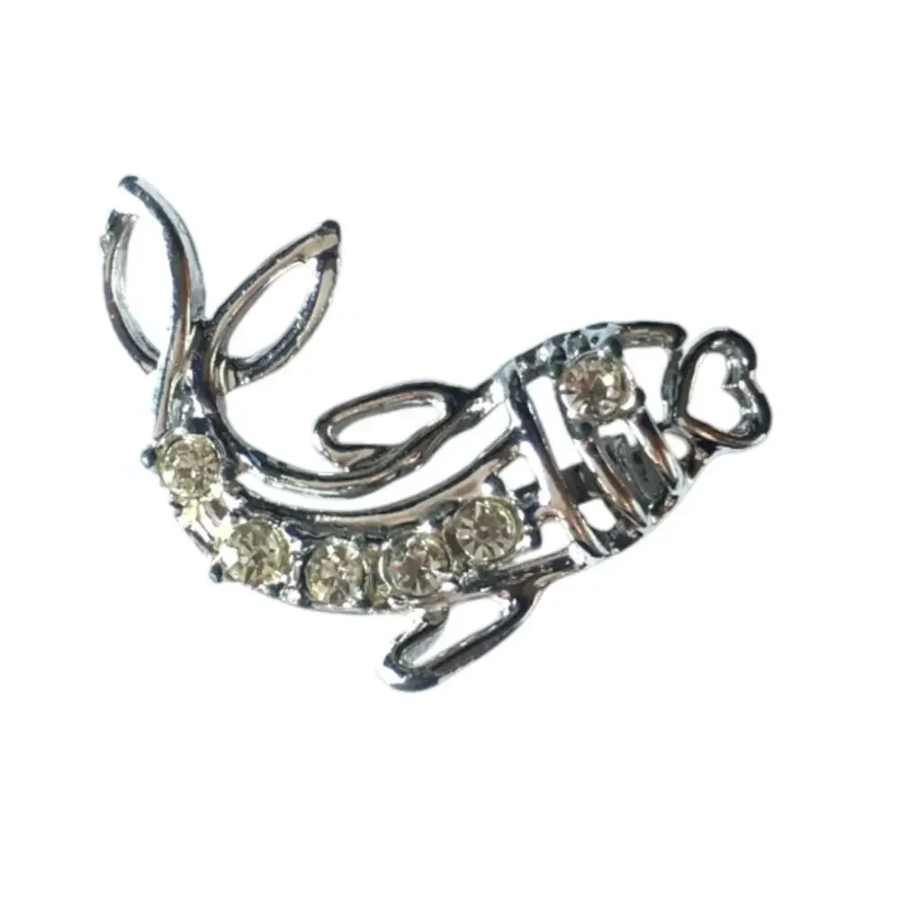 Silver tone rhinestone openwork fish brooch, pin